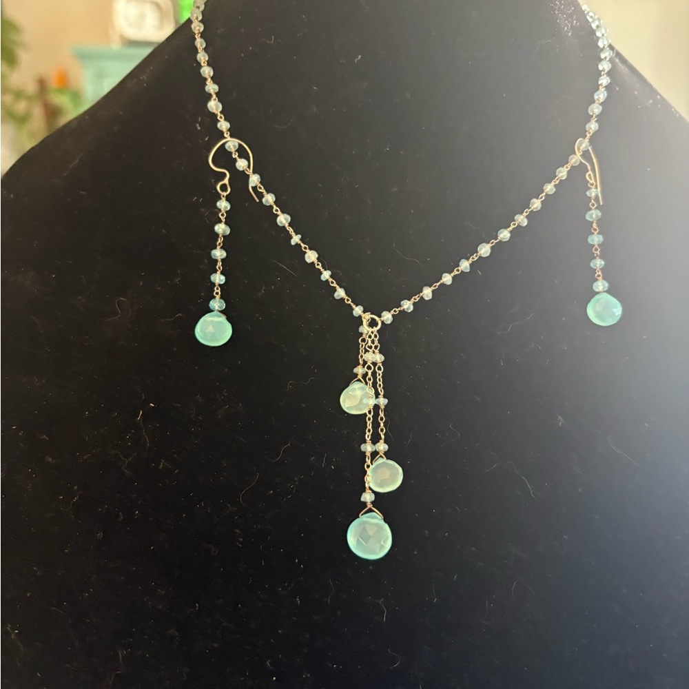 Faceted genuine natural aquamarine stone necklace & earring set
